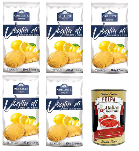 Ore Liete Perugia- Voglia Di Biscotti di frolla ripieni di Crema Limone Lust for Shortcrust Pastry Biscuits Filled with Lemon Cream 5 x 200 g + Italian Gourmet Polpa 400 g