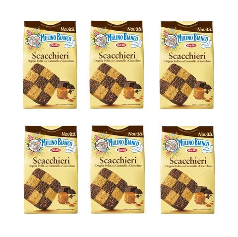 Mulino Bianco Scacchieri Biscuits Double Shortcrust Dough with Caramel and Chocolate, 300 g, Pack of 6