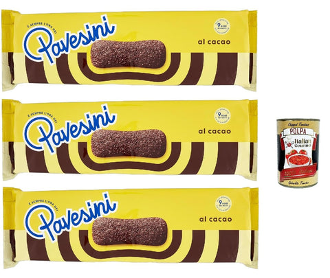 Pavesi Pavesini al Cacao, Biscotto Leggero per Colazione o Merenda, Light Biscuit with Cocoa for Breakfast or Snack, Biscuits Cookies, 3 x 200 g + Italian Gourmet Polpa 400 g