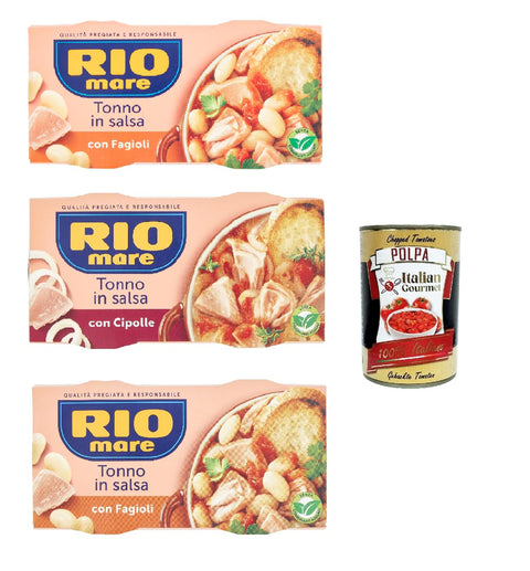 Rio Mare con gusto test package ready-made meals tuna instant food, tonno e fagioli, tonno e cipolle, tonno e piselli 6 x 160 g + Italian gourmet polpa 400 g