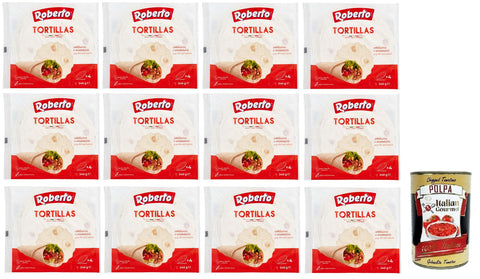 12 x Roberto Tortillas, Pack of 240 g, Each Pack Contains 4 White Wheat Tortillas + Italian Gourmet Polpa di Pomodoro 400 g Tin