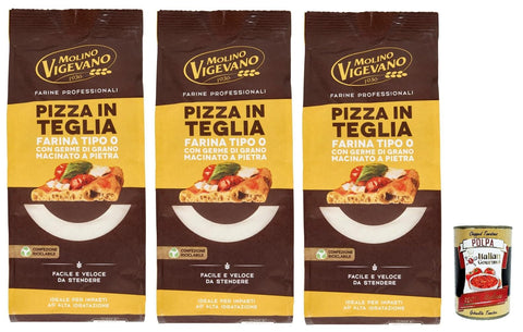 Molino Vigevano Farine Professionali Pizza in Teglia, Flour Type "0" for Pizzas in the Pan, Professional Flour 3 x 500 g + Italian Gourmet Polpa 400 g