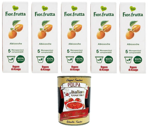 Rigoni di Asiago Fior di Frutta Albicocca 5 Monodosi Fior di Frutta Apricot 5 Single Cans 5 x 100 g + Italian Gourmet Polpa di Pomodoro 400 g