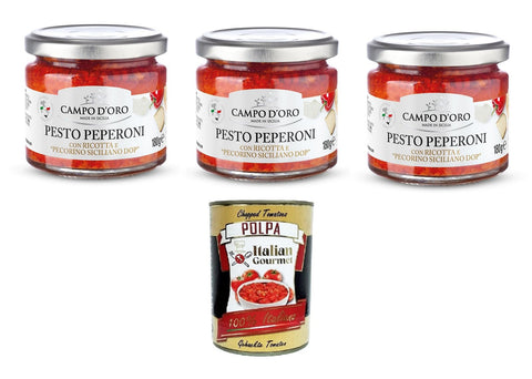 Campo D'Oro Pesto di Peperoni with Ricotta e Pecorino Siciliano Dop Pepper Pesto with Ricotta and Sicilian Pecorino Dop 3 x 180 g + Italian Gourmet Polpa 400 g