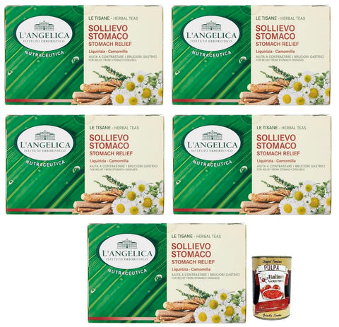 5 x L'Angelica Tisana Sollievo Stomaco, a remedy for heartburn, herbal tea with a mixture of licorice and chamomile, pack of 20 filters + Italian Gourmet Polpa di Pomodoro 400 g tin