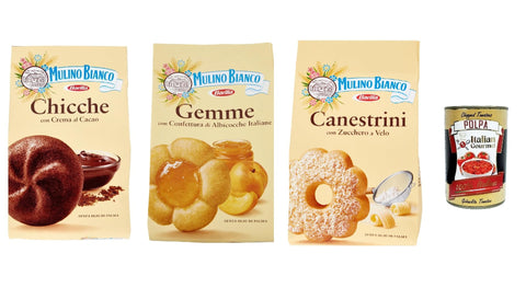 Mulino Bianco Test Pack Biscuits Canestrini - Gemme - Chicche, Cookies Biscuits 3 x 200 g + Italian Gourmet Polpa 400 g
