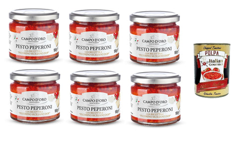 Campo D'Oro Pesto di Peperoni with Ricotta e Pecorino Siciliano Dop Pepper Pesto with Ricotta and Sicilian Pecorino Dop 6 x 180 g + Italian Gourmet Polpa 400 g