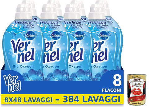 Vernel Blu Oxygen Fabric Softener, Concentrated Fragrant, Intense Freshness and Softness, 8 x 48 Washes, Total 368 Washes + Italian Gourmet Polpa 400g