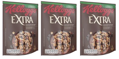 3 x Kellogg's Extra Cioccolato e Nocciole Crispy Oatmeal with Chocolate and Hazelnuts 100% Whole Grain 375 g Pack