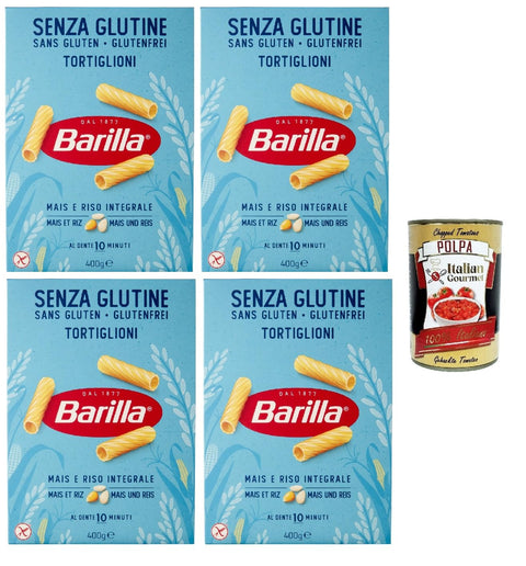 Barilla Gluten Free Tortiglioni - 4 x 400 g (1.6 kg) | Tube Noodles Made of Corn & Whole Grain Rice, al Dente in 10 Minutes, Vegan & Gluten Free - Ideal Sauce Adhesion + Italian Gourmet Polpa