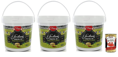 3 x Dolgam I Siciliani Pistachio Pesto Gluten-Free, Sicilian Specialities, 1000 g Bucket, Pistachios from Sicily with 65% + Italian Gourmet Polpa di Pomodoro 400 g Tin