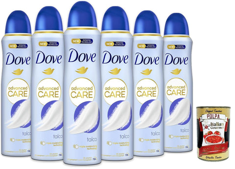 Dove Advanced Care Talco, Deodorant Spray with Moisturising and Sensitive Formula, Alcohol-Free, 72 Hours, 6 x 150 ml + Italian Gourmet Polpa 400 g