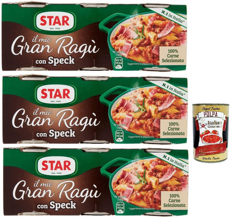 Star il mio Gran Ragù con Smoked Ham, with 100% Italian Meat, N.1 in Italy, 3 x Pack of 3 Tins of 100 g + Italian Gourmet Polpa 400 g
