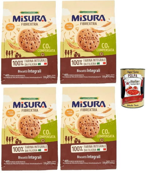 Misura Fibrextra Biscotti Integrali Biscuits, Fibre-Rich Whole Grain Biscuits with Whole Grain Flour, 4 x 330 g + Italian Gourmet Polpa 400 g