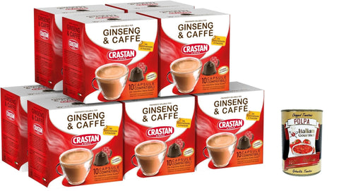 Crastan, 100 Capsules, 10 Boxes of 10 Capsules Ginseng and Coffee Drink, Capsules Compatible with Sweet Taste to Sweet, Gluten Free, 100% Made in Italy + Italian Gourmet Polpa 400g