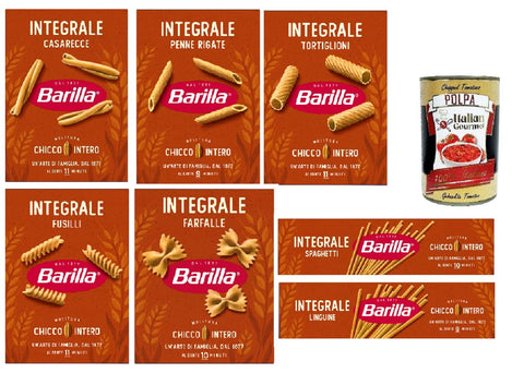 Barilla Integrale Variety Mix - 7 × 500g Whole Grain Durum Wheat Pasta (Casarecce, Penne Rigate, Tortiglioni, Fusilli, Farfalle, Spaghetti, Linguine) High Fibre, al Dente + Italian Gourmet Polpa 400g