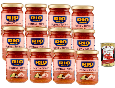 Rio Mare Pesto al Tonno Almonds Pecorino 12 x 130 g Creamy Tuna Sauce Pasta Spread Storage Pack + Italian Gourmet Polpa