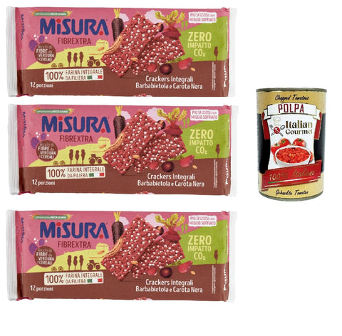 3 x Misura Crackers Integrali Whole Grain Crackers with Beetroot and Black Carrot, 15% Fibre and 100% Whole Grain Flour 385 g + Italian Gourmet Polpa 400 g