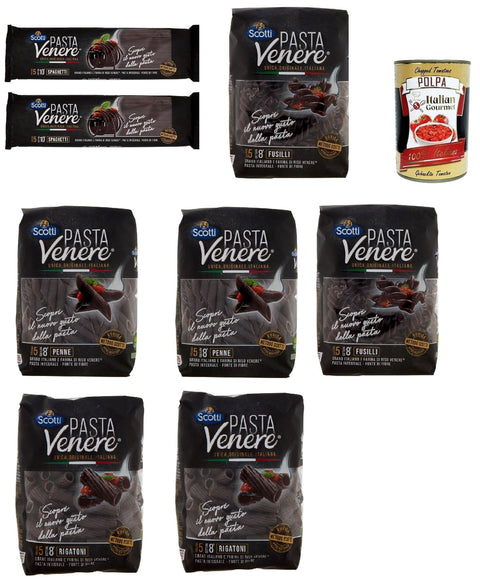 Riso Scotti Pasta Venere Test Pack Spaghetti Fusilli Penne, Rigatoni, Pasta Made of Durum Wheat Semolina and Black Venere Whole Grain Ice Flour, Pack of 8 x 400 g + Italian Gourmet Polpa 400 g