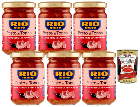 Rio Mare Pesto al Tonno with Black Olives and Peperoncino 6 x 130 g Spicy Sauce for Pasta & Spreads in Glass + Italian Gourmet Polpa