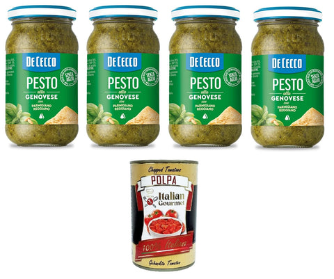De Cecco Pesto alla Genovese con Parmigiano Reggiano Senza Aglio Pesto with Fresh Basil, Parmigiano Reggiano without Garlic Italian Sauce 4 x 190 g + Italian Gourmet Polpa 400 g