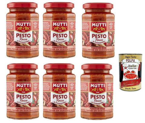 6 x Mutti Pesto Rosso Pomodori Rossi Red Tomato Pesto Pasta Sauce 100% Italian Tomato Jar 180 g Seasoning Sauces with Almonds, Tomatoes, Dried Seeds and Grana Padano + Italian Gourmet Polpa 400 g