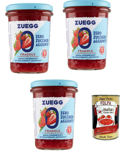 Zuegg Zero Fragole, Strawberry Jam Jam without Added Sugar, Free from Preservatives, 3 x 220 g Jar + Italian Gourmet Polpa di Pomodoro 400 g Tin