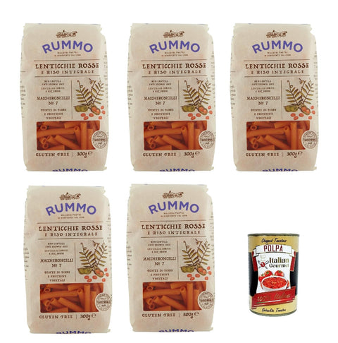 Rummo Lenticchie Rosse e Riso Integrale Maccheroncelli N° 7, Red Lentils and Rice Pasta, Gluten Free, Gluten Free, 5 x 300 g + Italian Gourmet Polpa 400 g