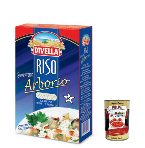 3 x Divella Riso Arborio, round rice grains, Italian rice, ideal for risottos and timbales, 1 kg vacuum packaging + Italian gourmet polpa 400 g