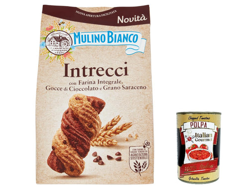 Mulino Bianco Intrecci Biscotti Biscotti Biscotti Biscuits with Whole Grain Flour, Cookies Drops Chocolate and Buckwheat 300 g + Italian Gourmet Polpa 400 g, Pack of 12