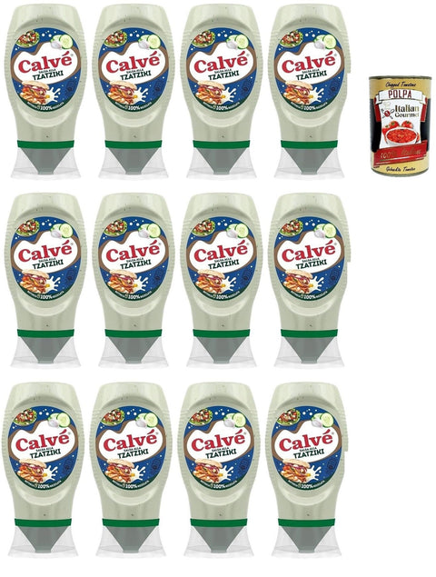 Calvé Tzaziki Sauce, Spice Sauce Based on Cucumber and Garlic, Gluten-Free Condiment Sauce, Top Down 12 x 250 ml + Italian Gourmet Polpa 400 g