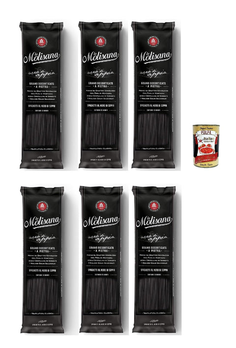 La Molisana Spaghetti al Nero di Seppia, 100% Italian Pasta Noodles, 6 x 500 g + Italian Gourmet Polpa 400 g