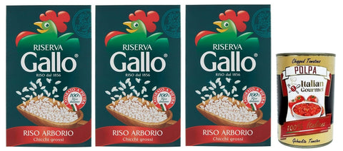 3 x Gallo Riso Arborio Riserva, 100% Italian Rice, Cooking Time 15 Minutes, Pack of 1 kg + Italian Gourmet Polpa di Pomodoro 400 g Tin