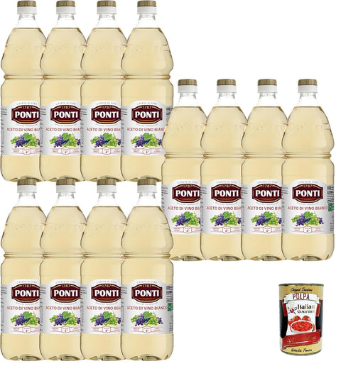 Ponti, classic white wine vinegar, made from selected wines, ideal for accompanying raw and cooked vegetables, acid 6, PET 12 x 1 L + Italian gourmet polpa 400 g