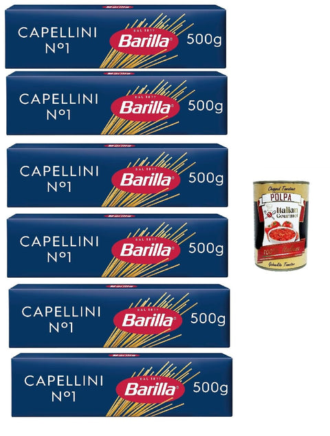 Barilla Pasta Noodles Classic Capellini n. 1 Made of High-Quality Durum Wheat Always al Dente 6 x 500 g + Italian Gourmet Polpa 400 g