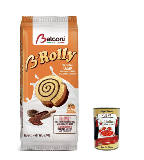 Balconi B-Rolly Snack Dolce da Forno con Farcitura al Cacao Sweet Snack Baked Goods with Cocoa Filling 192 g + Italian Gourmet Polpa 400 g Pack of 12