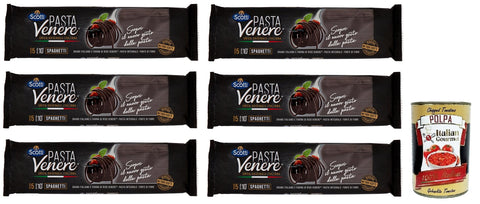 Riso Scotti Pasta Venere Spaghetti, Pasta Made of Durum Wheat Semolina and Black Venere Whole Grain Rice Flour, Pack of 400 g + Italian Gourmet Polpa di Pomodoro 400 g Tin