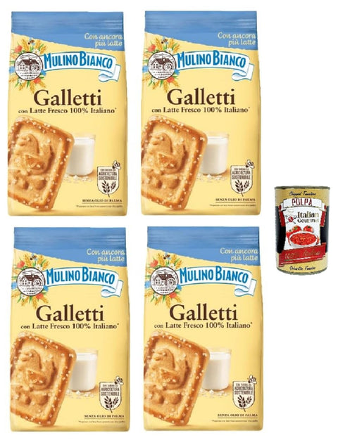 Mulino Bianco Galletti Shortbread Biscuits with Flour, Milk and Sugar Granules - Italian Biscuit Biscuit 4 x 350 g + Italian Gourmet Polpa 400 g