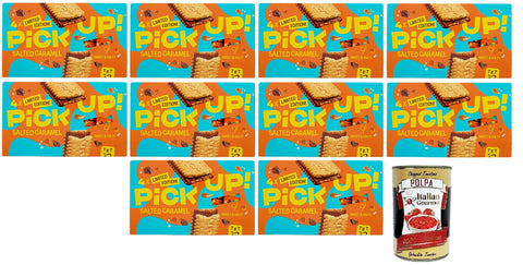 10 x Pick Up Salted Caramel, Milk Chocolate Bar with Salted Caramel Filling in Double Biscuit, 128 g Pack, Each Pack Contains 4 Biscuits of 28 g + Italian Gourmet Polpa di Pomodoro 400 g Tin