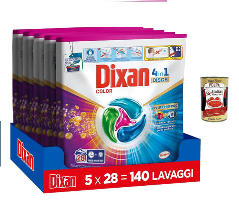 Dixan Discs 4-in-1 Colour 28 Lavaggi, Washing Machine Detergent in Capsules 5 x 28 Washes + Italian Gourmet Polpa 400 g