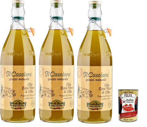 Farchioni Casolare, Il Grezzo, Cold Pressed, Olive Oil Extra Virgine 3 x 1 Litre 100% Extra Virgin Olio Oliva + Italian Gourmet Polpa 400 g