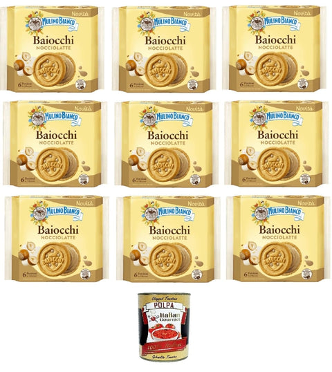 Mulino Bianco Baiocchi Nocciolatte Hazelnut Milk 9 x 168 g - Italian Biscuits with Hazelnut Milk Cream - Palm Oil Free - Original from Italy + Italian Gourmet Polpa 400 g