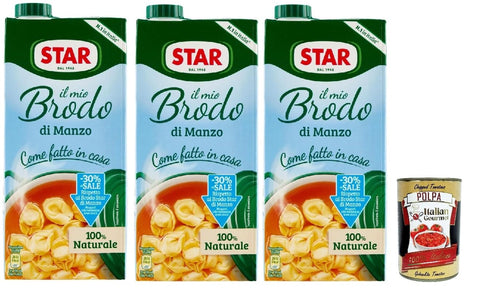 Star Il Mio Brodo di Manzo - 30% Salt, 3 x 1 L, Ready Made Liquid Broth, 100% Natural, No Preservatives, Gluten-Free and Added Glutamate-Free + Italian Gourmet Polpa 400 g