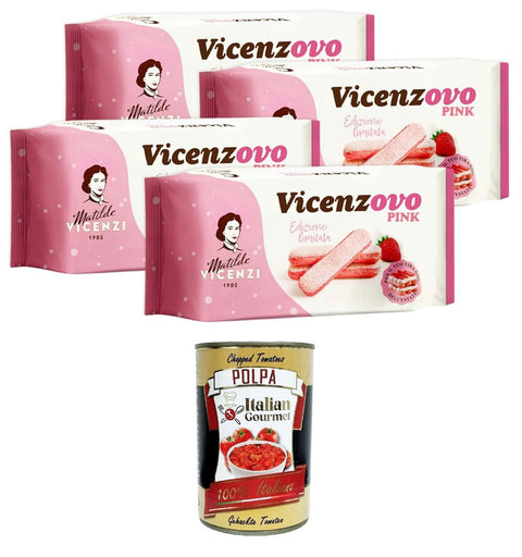Vicenzi Vicenzovo Pink Savoiardi alla Fragola, Pink Strawberry Savoiardi, Limited Edition, 4 x 200 g + Italian Gourmet Polpa 400 g