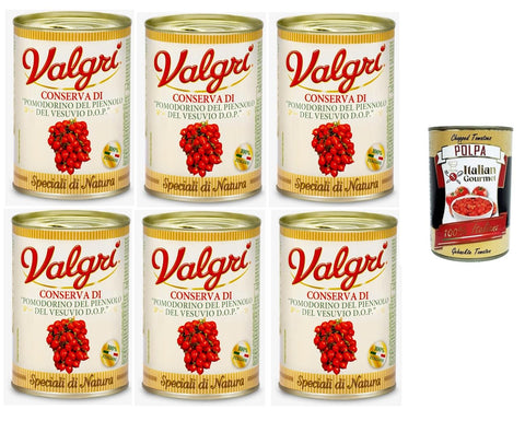 Valgri' Pomodorini del Piennolo del Vesuvio DOP Piennolo del Vesuvio DOP Tomatoes 6 x 400 g + Italian Gourmet Polpa 400 g