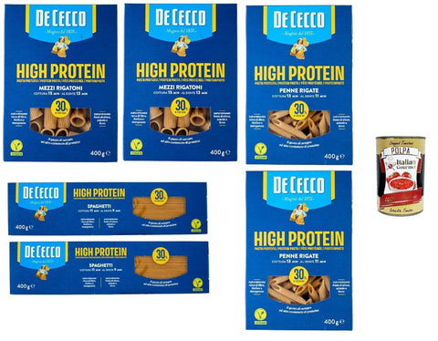 De Cecco High Protein Pasta Set 6 x 400 g - Spaghetti, Mezzi Rigatoni & Penne Rigate, 30% Protein, Vegan Italian Durum Wheat Pasta for Fitness & Athletes + Italian Gourmet Polpa