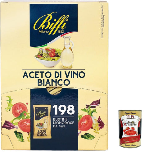 Biffi Milano White Wine Vinegar 198 Single Serving Bags 5 ml per Bag + Italian Gourmet Polpa 400g