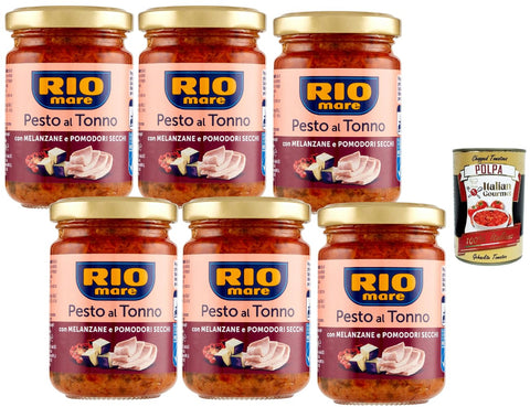 Rio Mare Pesto al Tonno with Aubergine and Dried Tomatoes 6 x 130 g Creamy Tuna Pasta Sauce from Italy for Pasta & Bruschetta + Italian Gourmet Polpa