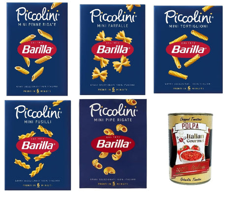 Barilla Piccolini Pasta Test Pack - Mini - Fusilli - Farfalle - PENNE - PIPE - Tortiglioni 5 x 500 g + Italian Gourmet Polpa 400 g