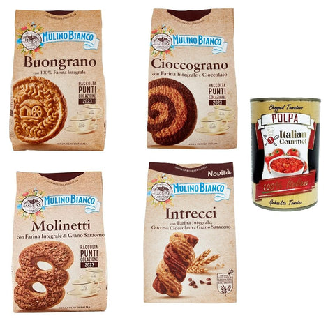 Mulino Bianco Test Pack 100% Whole Grain Flour Biscuits Molinetti Buongrano Cioccograno Intrecci + Italian Gourmert Polpa 400g